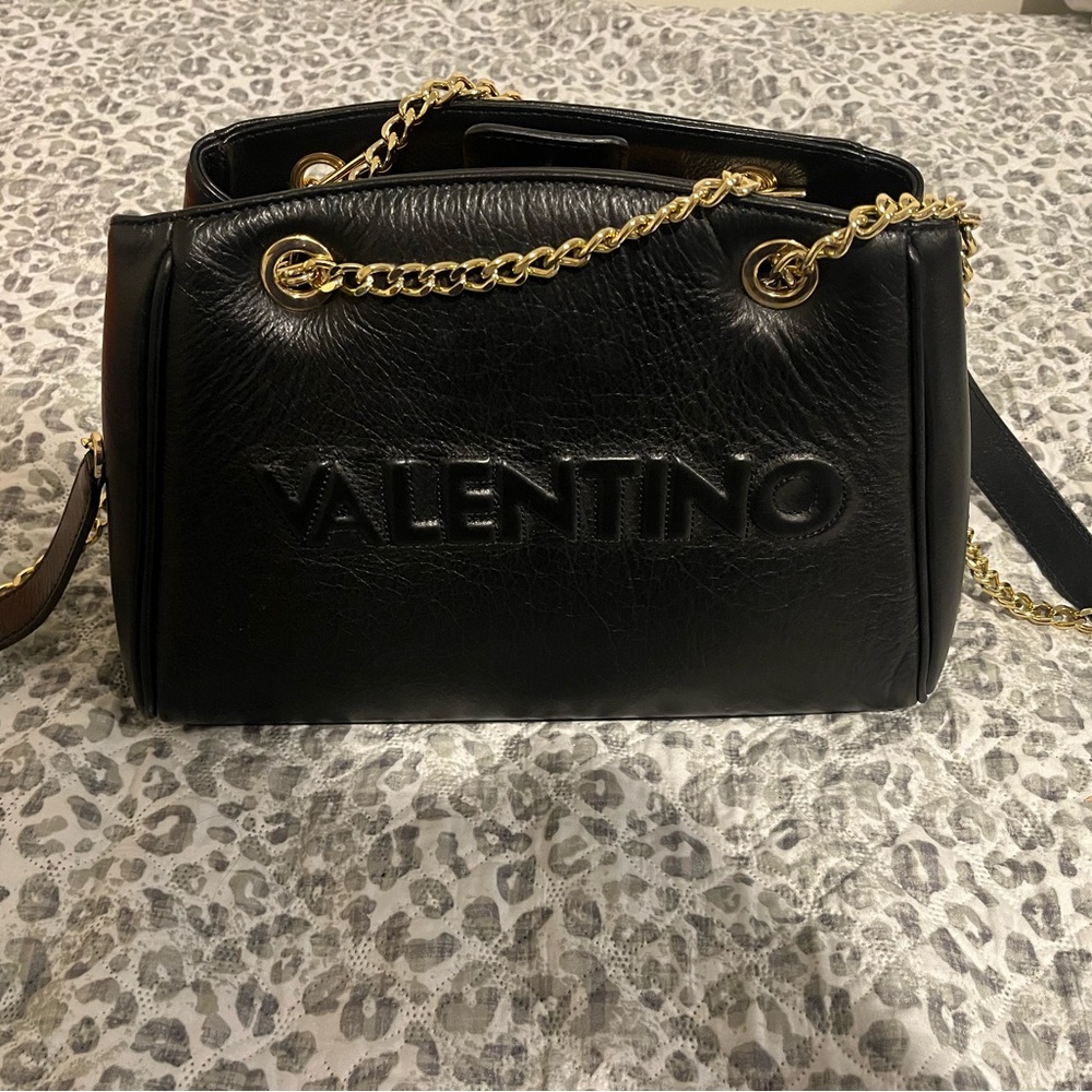 Valentino Black Leather Shoulder Bag with Gold Chain